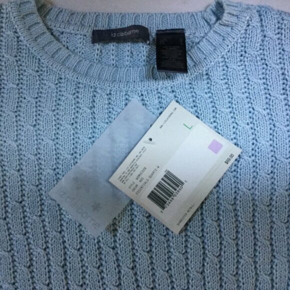 Liz Claiborne Women Size L Crew Neck Sweater Top Cotton Cable Knit Lt. Blue NWT - Picture 1 of 9